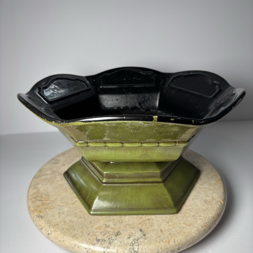 Vintage Royal Haeger Hexagon 2-Tone Green & Black Glaze‎ Compote Planter MCM